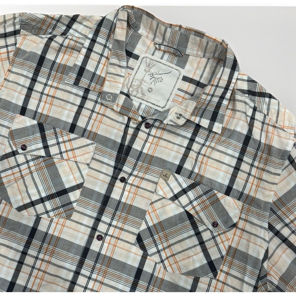 Prana Mens Sz M Pearl Snap Short Sleeve Shirt Beige Orange Black Plaid Fish Hike